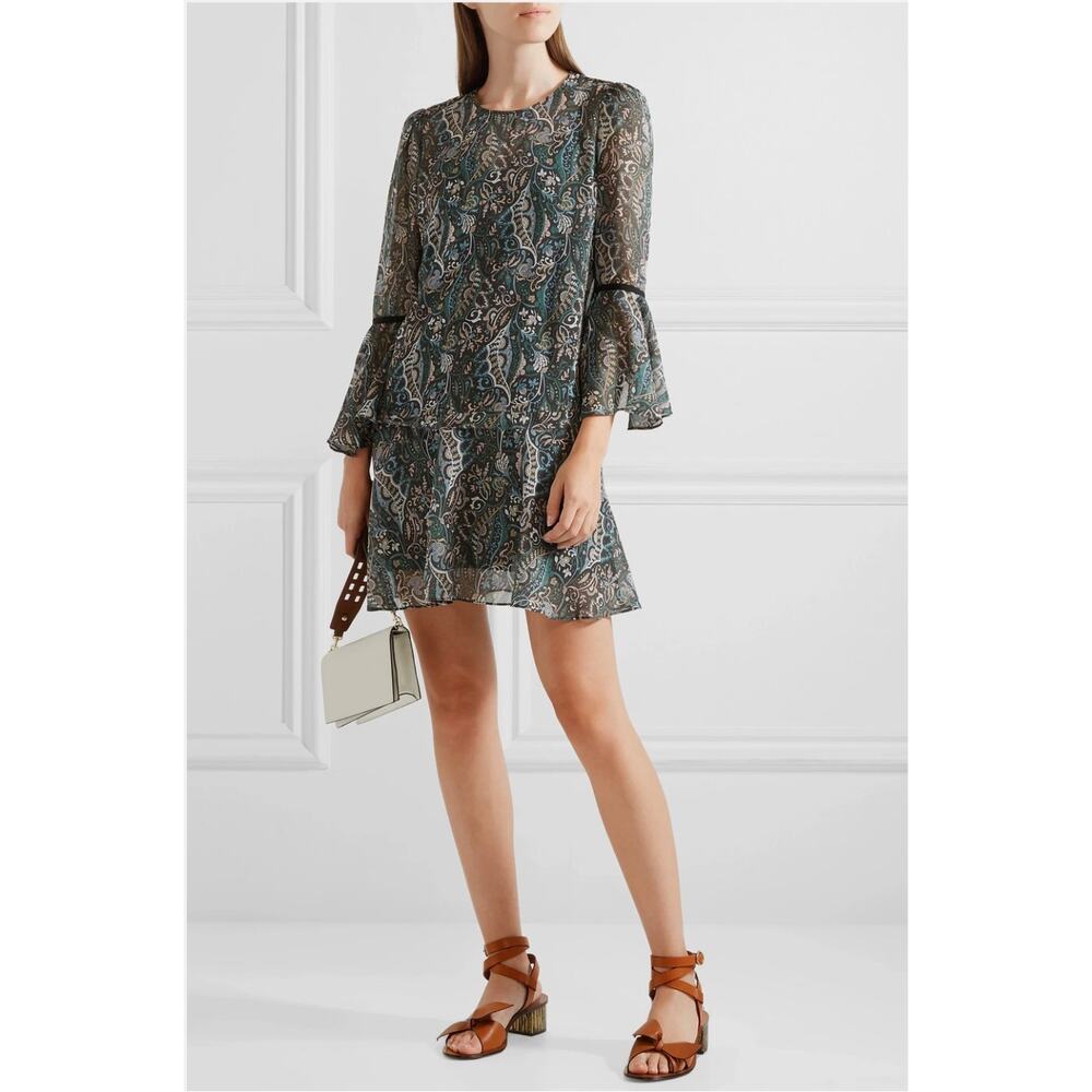 Veronica Beard Denver Silk Chiffon Printed Mini Dress Size 4 Green Paisley